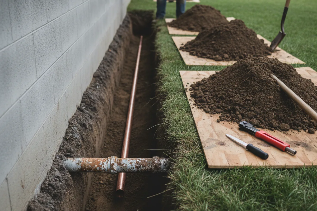 Excavated water line trench during Water Heater Repair in Scottsville